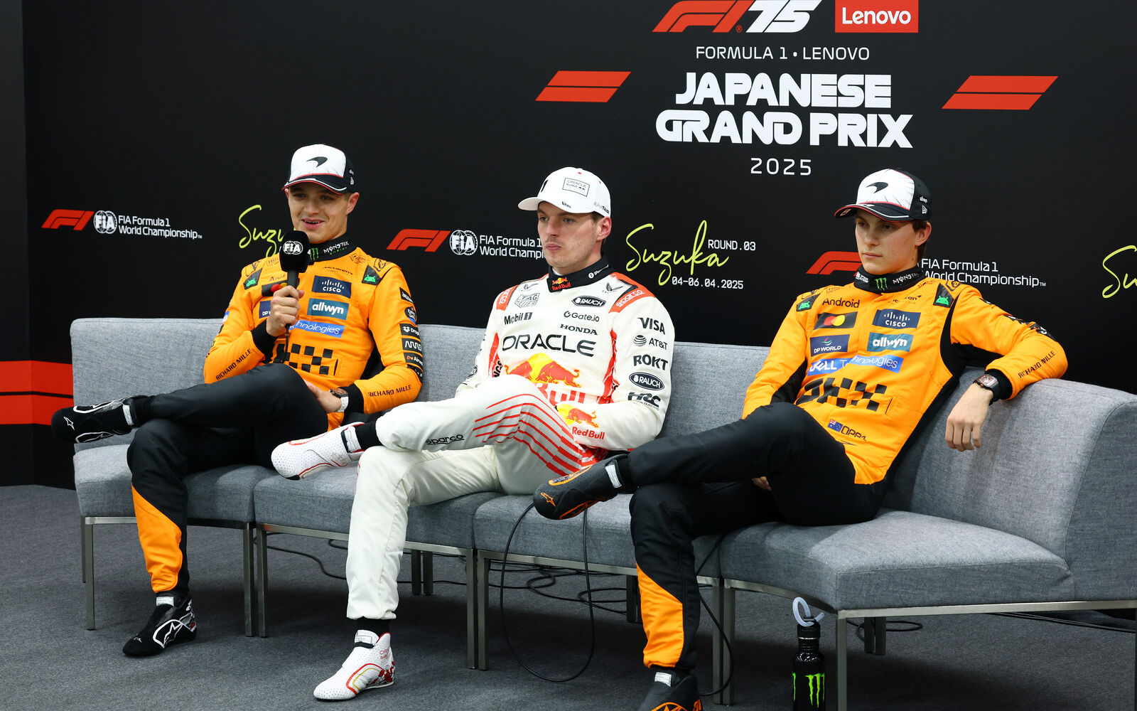 Max Verstappen, Lando Norris a Oscar Piastri